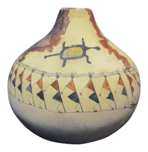1990s Large Acoma Pottery Jar Signed Maer With Polychrome People, Stork and Frog