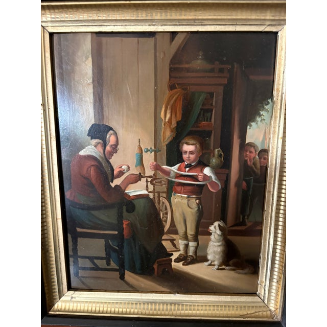 Mid 20th Century Framed Oil on Board "Grandmother Teaching Grandson How to Knit", Mid-20th Century For Sale - Image 5 of 7