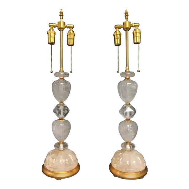 Pair of Rock Crystal Table Lamps with Giltwood Bases, Italy, 1970s For Sale
