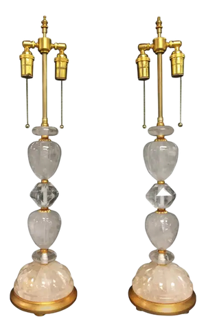 Pair of Rock Crystal Table Lamps with Giltwood Bases, Italy, 1970s