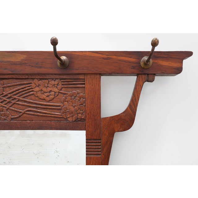 Art Nouveau Oak Coat Rack with Mirror and Floral Carvings, Belgium, 1910s For Sale - Image 3 of 12