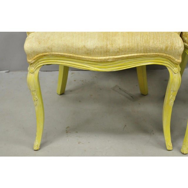 Mid 20th Century Vintage French Hollywood Regency Yellow Tufted Drape Carved Side Chairs - A Pair For Sale - Image 5 of 16