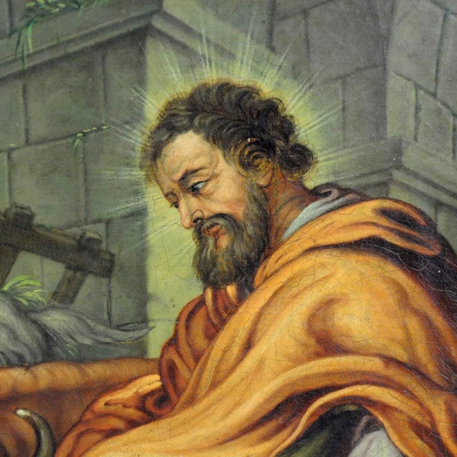 1920s Mary and Joseph in the Barn of Bethlehem, Oil on Canvas, Framed For Sale - Image 5 of 6