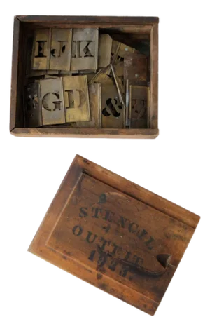 Antique 1920s Brass Stencils With Wood Box