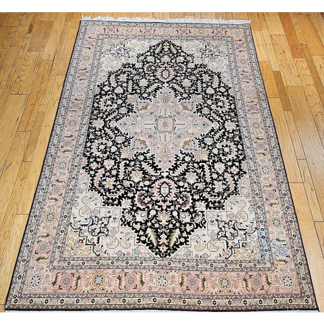 Black Vintage Persian Tabriz Heriz Rug, Geometric Pattern, Hand-Knotted Wool, Black & Ivory, 7’ X 10’ For Sale - Image 8 of 12