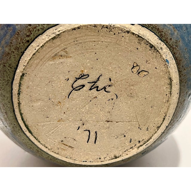 Vintage 1971 Signed Chi Studio Pottery Bottle Vase Blue Amber Drip Glaze For Sale - Image 4 of 6