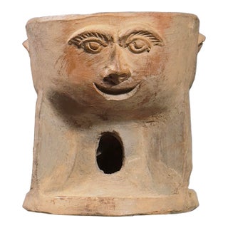 Vintage Folk Art Surrealist Three Headed Terracotta Vessel For Sale