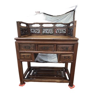 Antique Chinese Hand-Painted Orchid & Bamboo Hardwood Vanity Desk For Sale