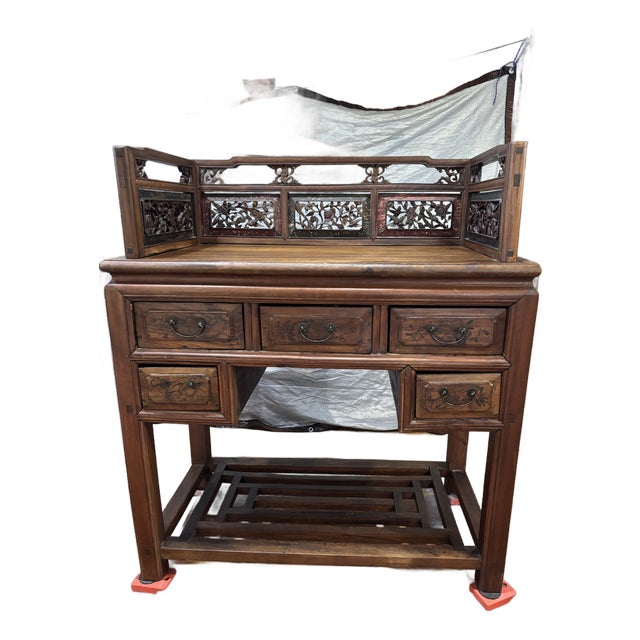 Antique Chinese Hand-Painted Orchid & Bamboo Hardwood Vanity Desk For Sale