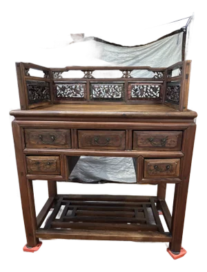 Antique Chinese Hand-Painted Orchid & Bamboo Hardwood Vanity Desk
