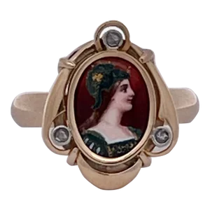 1910s 14k Yellow Gold Enamel Face of Athena Size 6.5