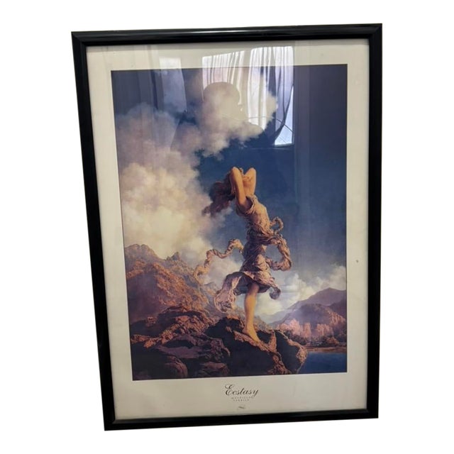 1980s Framed Art Print "Ecstasy" by Maxfield Parrish Woman Landscape Clouds Mountains Reproduction For Sale