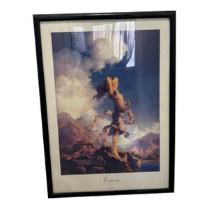 1980s Framed Art Print "Ecstasy" by Maxfield Parrish Woman Landscape Clouds Mountains Reproduction