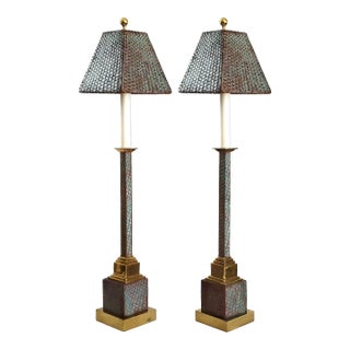 Lamps by Maitland Smith Woven Bronze Verdigris & Shades For Sale