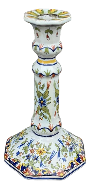 19th-Century Dutch Delftware Candlestick With Hand-Painted Polychrome Decoration, Marked