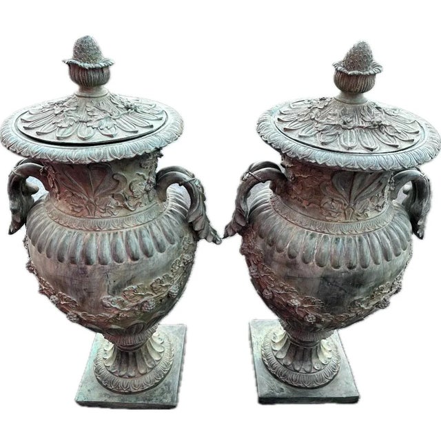 Metal 51”h Spectacular Miami Beach Vintage Urn With Lid Classic Cast Bronze Verdigris Patinated - A Pair For Sale - Image 7 of 12