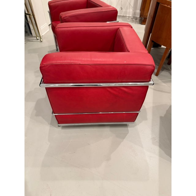 Pair Of. Chrome and Red Leather Club Chair in the Style of Le Corbusier For Sale - Image 4 of 13