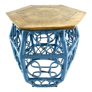Blue Bamboo Brass Top Hexagon Side Table For Sale