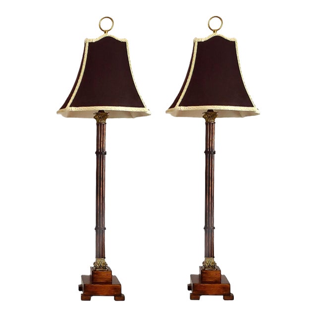 Lamp Pair & Shades Faux Metal Bamboo Restored For Sale
