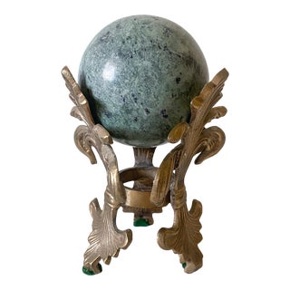 Late 20th Century Green Agate Marble Granite Orb With Fleur De Lis Brass Base For Sale