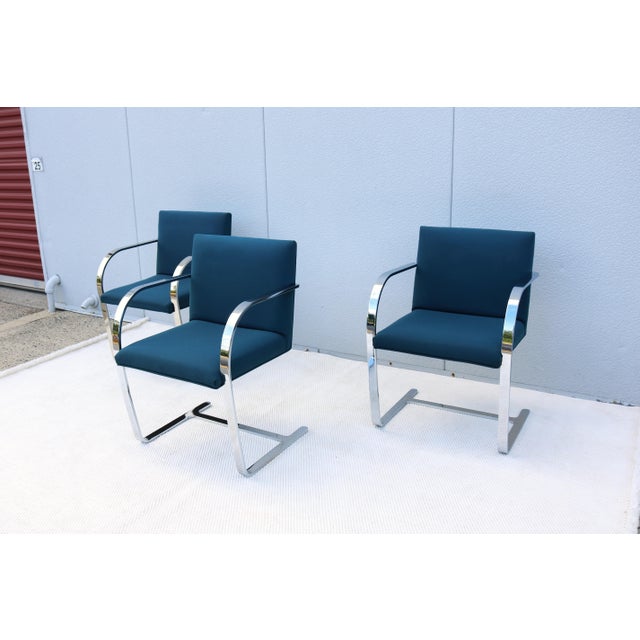 Gordon International Ludwig Mies Van Der Rohe Brno Flat Bar Chairs in Blue Fabric by Gordon, Set of 3 For Sale - Image 4 of 18