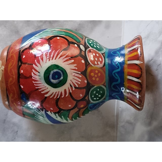 Brick Red Hand-Painted Miniature Mexican Terra Cotta Vase With Floral Design For Sale - Image 8 of 11