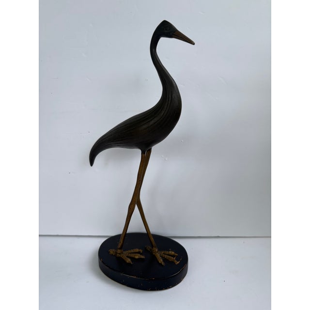Metal Vintage Korean Black and Gold Heron Sculpture on Oval Base, 13” For Sale - Image 7 of 11