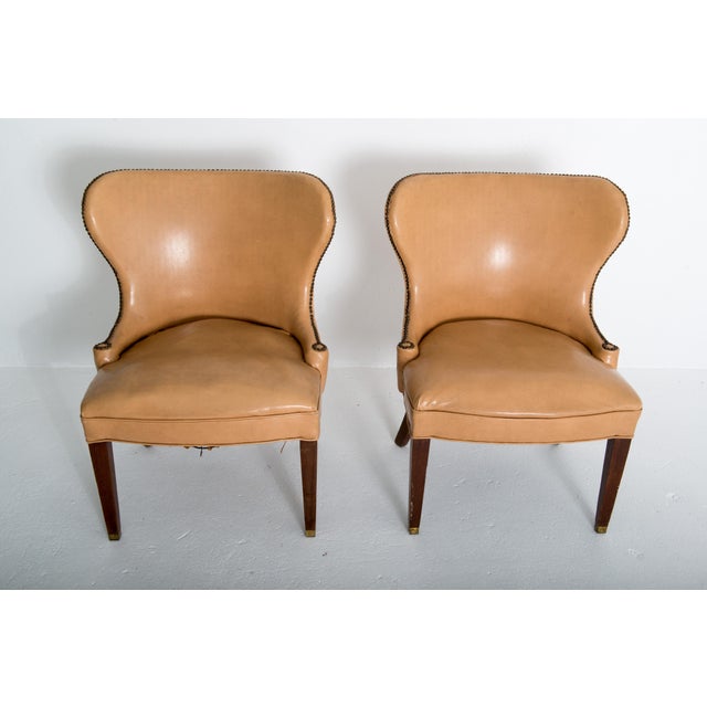 Mid 20th Century Pair of Grosfeld House Beige Faux Leather Club Chairs For Sale - Image 5 of 12