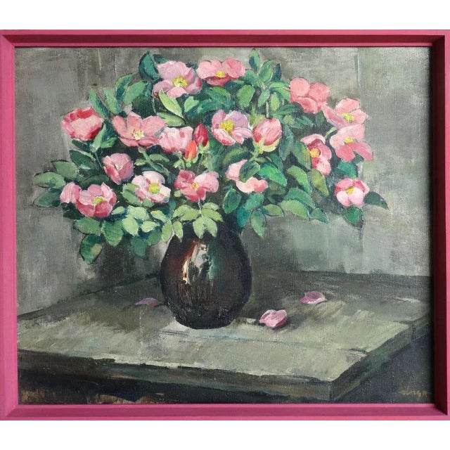 Contemporary Vladimir Andrijenko, Pink Peonies in Vase, 1983, Oil on Canvas For Sale - Image 3 of 5