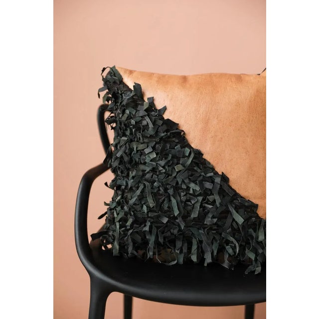 Animal Skin Handmade Geometric Shag Leather Decorative Pillow - Desert Sand & Black 18 X 18" Inches For Sale - Image 7 of 12