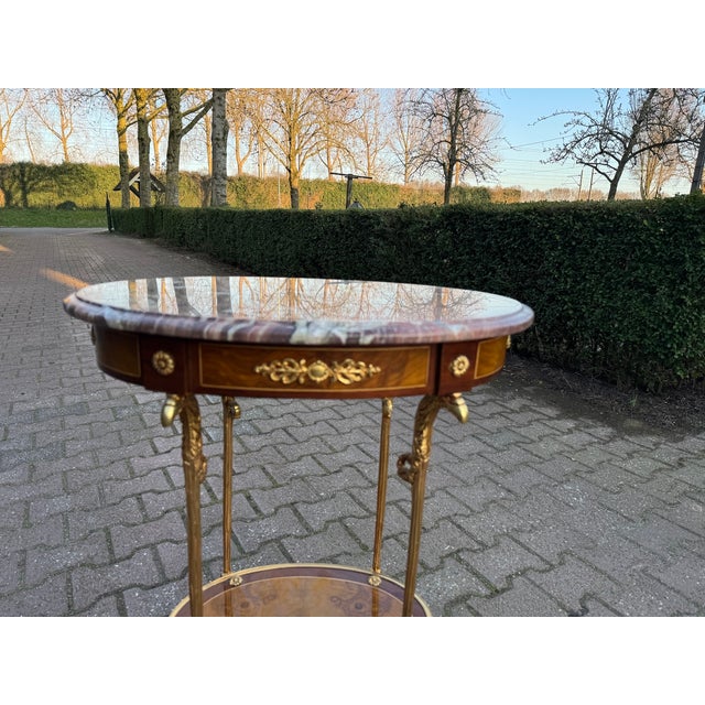 1980 French Louis XVI Gold Mahogany Marble Side Tables 2pc For Sale - Image 10 of 17