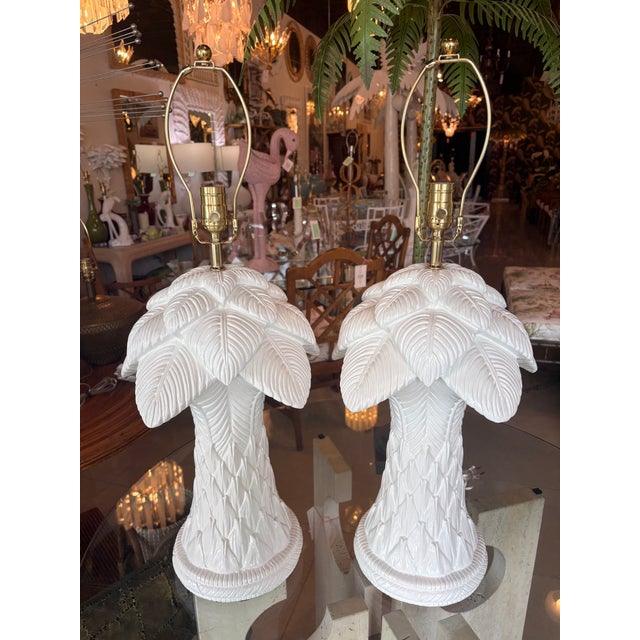 Vtg. Pair Plaster White Lacquered Palm Beach Tree Table Lamps Newly Wired Brass For Sale - Image 12 of 12