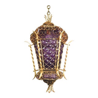 Bohemian Chic' Caged Purple Glass and Gold Pendant Lamp For Sale