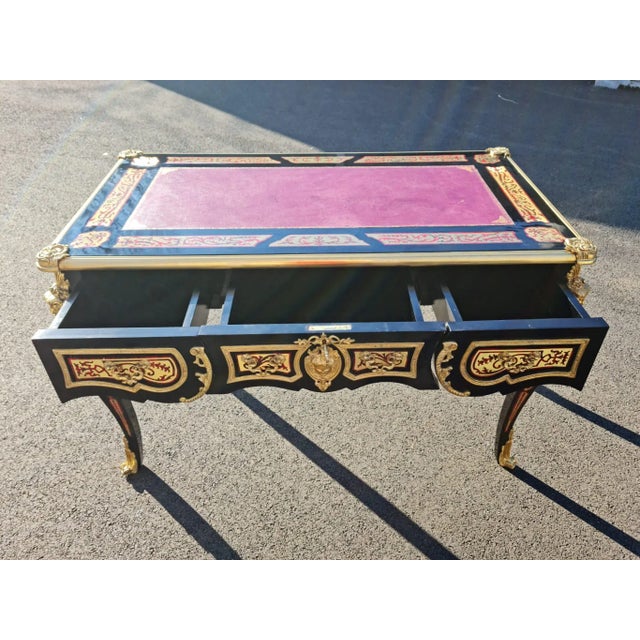 Boulle Style Writing Desk/ Table Bureau Plat French Style Marquetry Inlay With Burgundy Faux Leather on the Top. For Home and Office. For Sale - Image 9 of 12