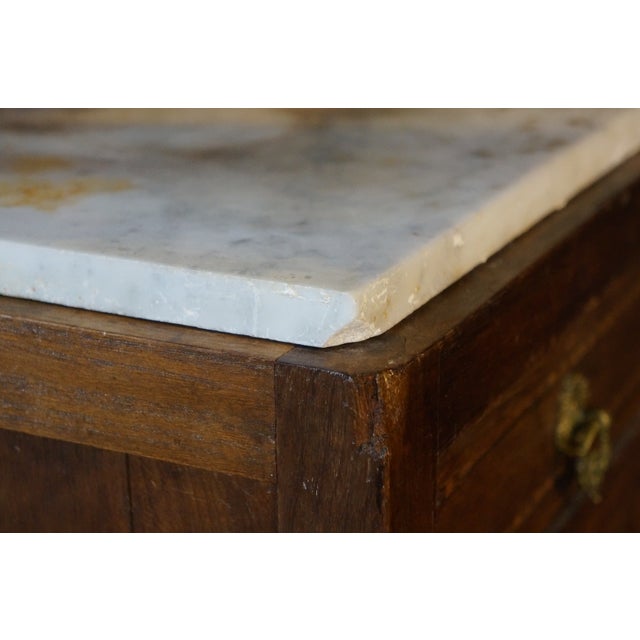 Antique Edwardian Walnut Neoclassical Inlaid Washstand Cabinet With Marble Top & Mirror For Sale - Image 13 of 18