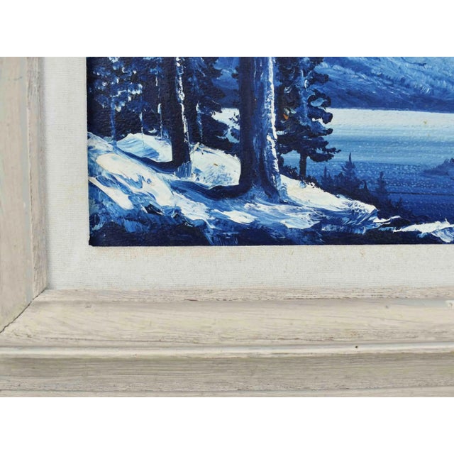 Mid 20th Century Blue and White Landscape Mountain and Forest Scene Oil Painting Signed Walt For Sale - Image 6 of 8