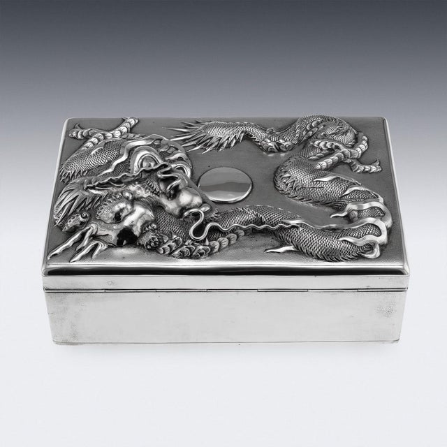 1900 - 1909 Antique Japanese Meiji Silver Dragon Cigar Humidor Box, 1900 For Sale - Image 5 of 18