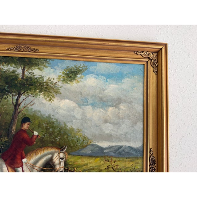 Large Vintage Oil Painting English Fox Hunt Horses Hounds Hunting Scene Art For Sale - Image 4 of 15