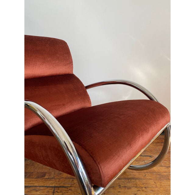 Rust velvet mid century chrome rocking chair