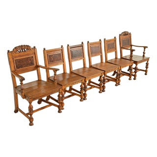 Early Romweber Antique English Jacobean Carved Oak and Burl Wood Dining Chairs, Set of Six For Sale