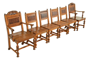 Early Romweber Antique English Jacobean Carved Oak and Burl Wood Dining Chairs, Set of Six