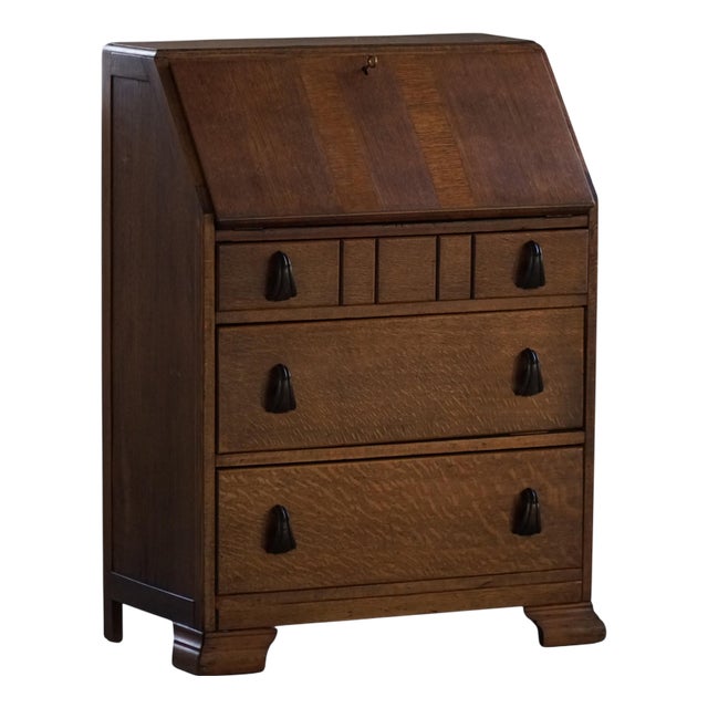 Vintage Danish Oak Secretaire with Seashell Handles, 1920s For Sale