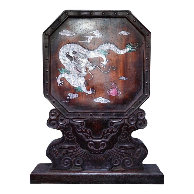Antique Chinese Ebony Table Screen With Mother-of-Pearl Dragon Inlay For Sale