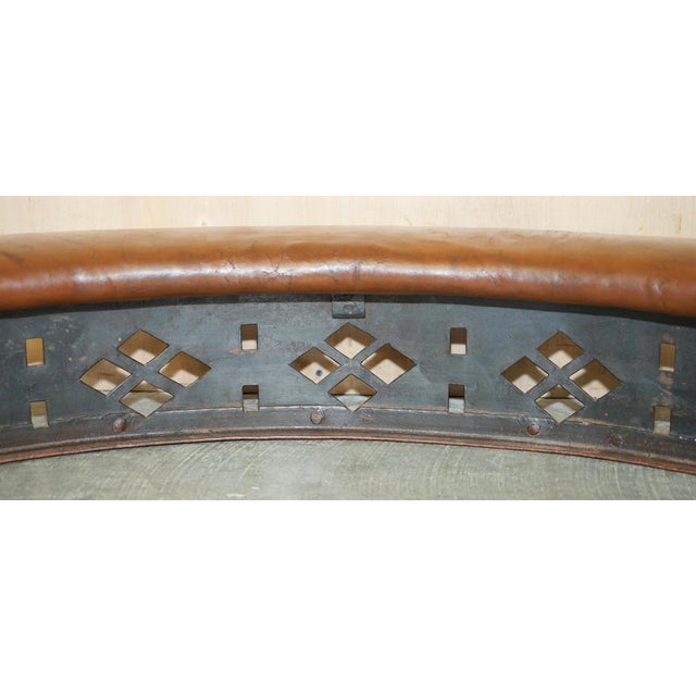 Antique Victorian Demi Lune Brown Leather Club Fender with Pierced Metal, 1880s For Sale - Image 16 of 18