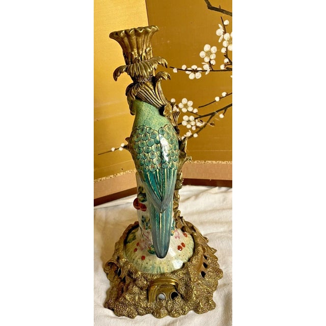 Chinoiserie Antique Ormolu Mounted Hand Painted Porcelain Parrot Candlestick Holder 14" tall For Sale - Image 3 of 7