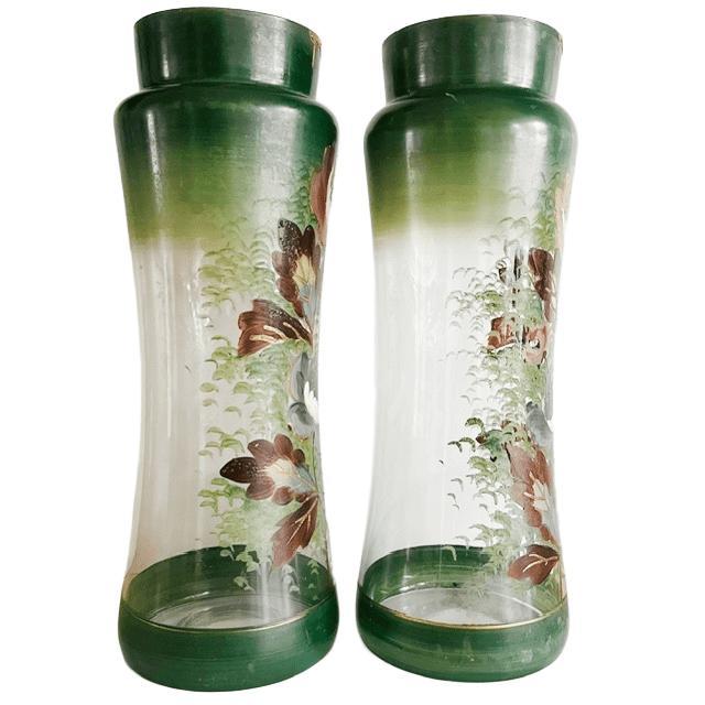 Antique Victorian Art Nouveau Gilded Gold Hand-Painted Flowers Green Glass Vases, 1900s, Set of 2 For Sale - Image 5 of 6