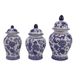 Set of 3 Blue & White Floral Food Safe Jars For Sale