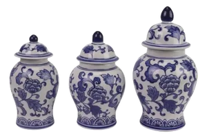 Set of 3 Blue & White Floral Food Safe Jars