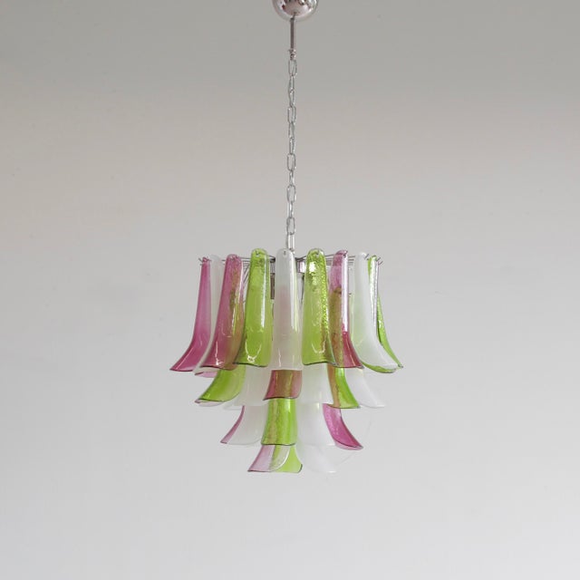 Chandelier with a chrome-plated steel frame with hand-blown 'Saddle Form' glass pieces in green, purple and milky white...