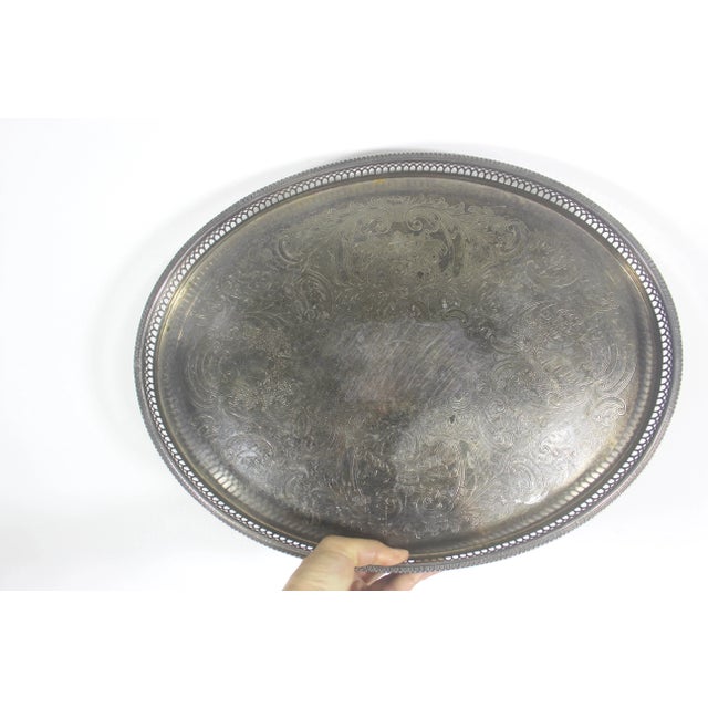 Silver Vintage English Silver Gallery Bar Tray Silver Plated Oval Embossed For Sale - Image 8 of 8